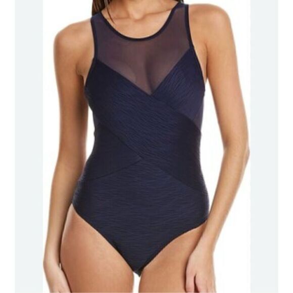NWOT Carmen Marc Valvo Wave Texture Solid High Neck Swimsuit - Picture 1 of 9